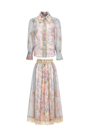 Ruby Long Sleeve Floral Printed Lace Top And Skirt Two-Piece Set